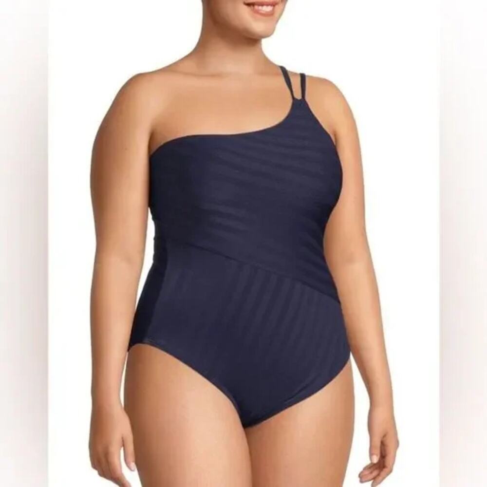 La Blanca Linea Costa One Shoulder One Piece Lace Up Back Swimsuit Size 14 Blue